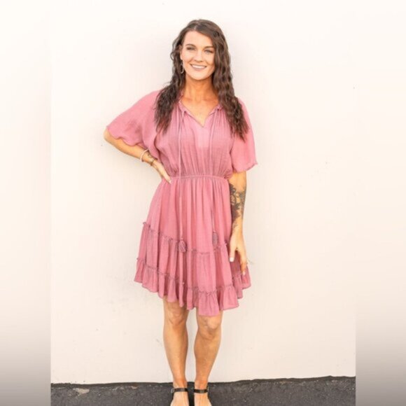 Gigio | Apple Blossom Ruffle Tiered Dress New Large Dusty Rose Bohemian Spring - Picture 3 of 8